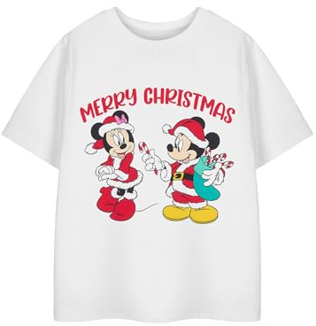 Disney Girls White Short Sleeved T-Shirt | Mickey & Minnie Merry Christmas Graphic Tee | Crew Neck Cartoon Apparel | Festive Holiday Top for Girls & Toddlers Licensed Clothing
