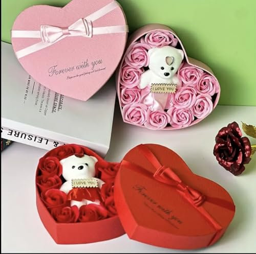 Heart-Shaped Gift Box with Teddy Bear and Artificial Roses, Romantic Valentine's Day Present Set, Pink and Red, 'Forever with You' Message
