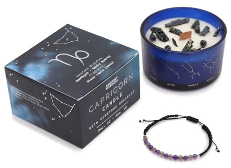 Sternzeichenkerze mit Natursteinen und Armband aus Halbedelsteinen in Geschenkbox, Duftkerzen, Aromatherapie, originelles Geschenk zur Verbindung mit dem Sternzeichen (Steinbock)