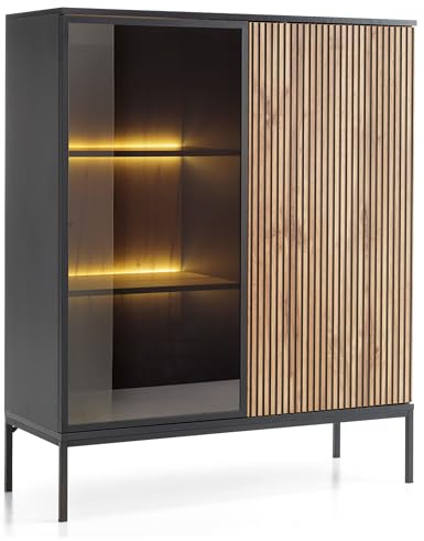 Komodee Laval WT104 - Vitrine mit LED Beleuchtung, Eiche Wotan, Schwarz, Breite 104 cm, Höhe 126 cm, Tiefe 39 cm