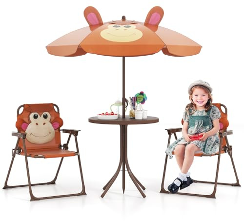 DREAMADE Kindersitzgruppe mit Sonnenschirm, Kindertisch mit 2 Klappstühlen, Kinder Picknicktisch mit höhenverstellbarem Schirm & niedlichem Muster, Kinder Gartenmöbel für Indoor & Outdoor (Braun)