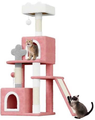 Dogat Cat Tree Tower 131cm for Indoor Cats with 2 Condos, Sisal Scratching Posts, Dangling Balls, Platforms & Ladder - Pet Activity Centre, Climbing Furniture, Plush Perch and Cave (Pink)