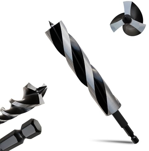 METOTY 24mmx230mm Auger Drill Bit Extra Long Drill Bits，6.35mm Hex Shank for Wood with Quick Change - 3-Cutter Design with Dual-Flute for Fast Chip Removal, Fits Hardwood, Softwood, PVC, Drywall