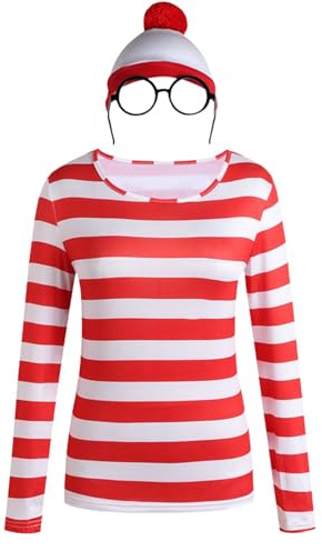 YOSUWOAI Kostüm Herren Damen Welttag Kostüm Langarm Rot Weiß Gestreiftes T-Shirt Weiß & Rot Bommelmütze Runde Brille Set Karneval Welttag Kostüme Halloween Party Cosplay Outfit
