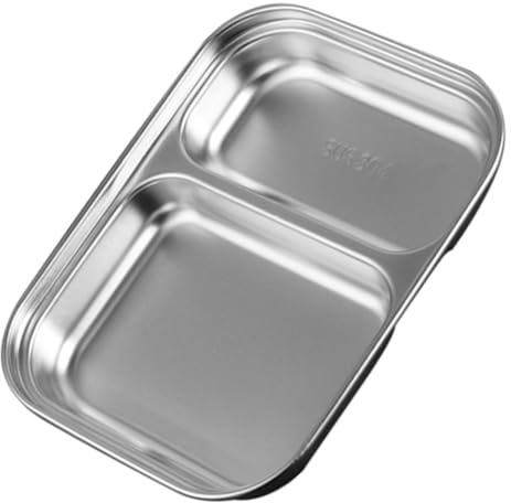 ARTSEWPLY Stainless Steel Divided Seasoning Plate Small Two-Compartment Food Serving Tray Metal Divided Dining Plate for Home Tableware and Barbecue Use