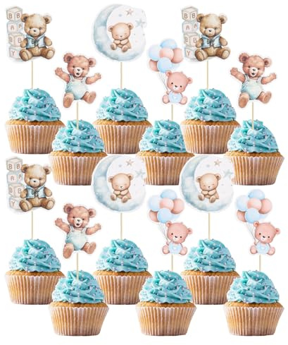 24 Stück Cupcake Topper Blau Bären,Torte Spiel Baby Deko Set mit Bären Motiven für Baby Shower, Gender Reveal, Taufe, Muffin Deko & Tortendeko, Theme Geburtstag Party Dekoration