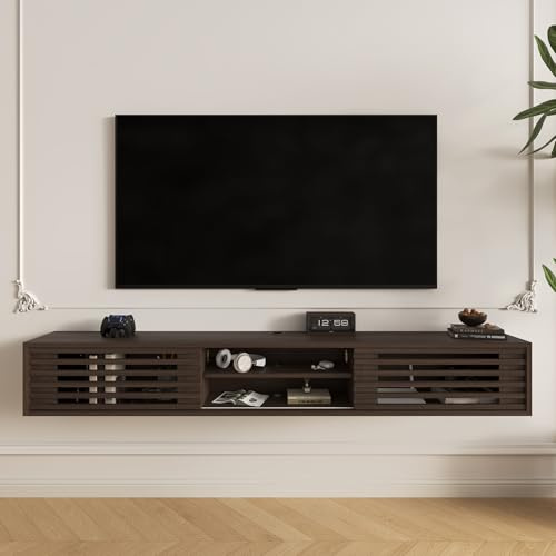 Furniloft 70'' Floating TV Stand with Sliding Doors Wall Mounted TV Shelf for TVs Up to 85 Inch Floating Entertainment Center Modern Wall TV Stand for Bedroom Living Room, Walnut