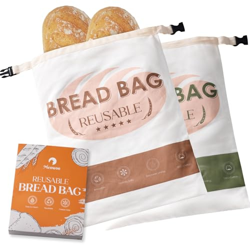 Meowoo 2Pcs Beeswax Bread Bags for Homemade Bread, Reusable Beeswax Bags for Sourdough, Cotton Waxed Bag with Buckle Closure, Keeps Fresh Longer Food Storage Bag, 43 x 32cm, Green & Brown