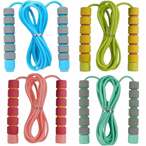 4 PCS Skipping Rope Kids and Adults, Adjustable Jump Ropes with Foam Handles, Suitable Fitness Jump Rope For Outdoor, Party Favor, Exercise Activity, Length 2.8m in Pink, Green,Yellow,Blue,