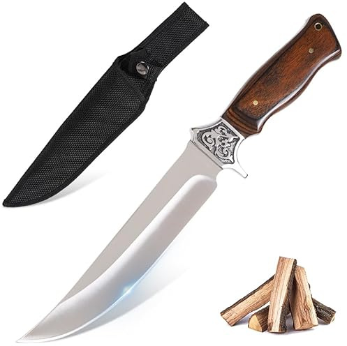 GER-SABER Outdoor Messer 32cm – Clip-Point Klinge mit leichter Aufwärtskurve, Klassischer Handschutz mit Motiv, Schwarznussbaum-Griff, Treuer Naturhelfer