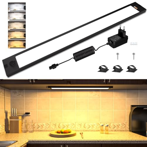 WOBANE Luz LED Cocina Bajo Mueble Enchufable, Regulable Luces Gabinete 60cm | 5 Temperaturas de Color, para Interior, Armarios, Estantería, Escritorio, Encimera cocina, Lavanderías, 24V, Negro