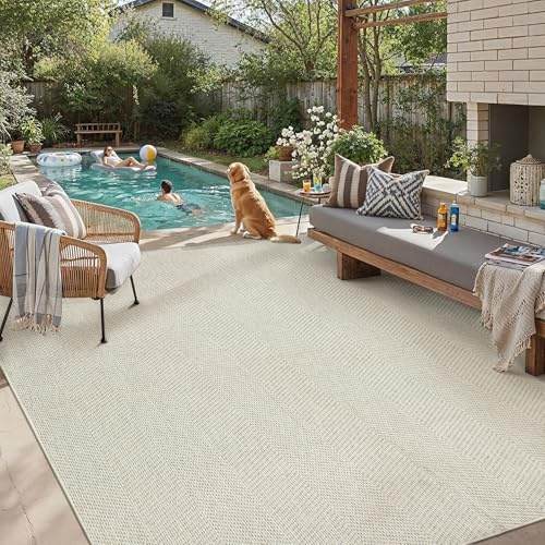 PureCozy Outdoor Teppich Wetterfest 240x300cm Beige Waschbar | Outdoorteppich,Wetterfest,Waschbar,Rutschfest,Jute Optik,für Balkon,Garten,Terrasse,Wohnzimmer