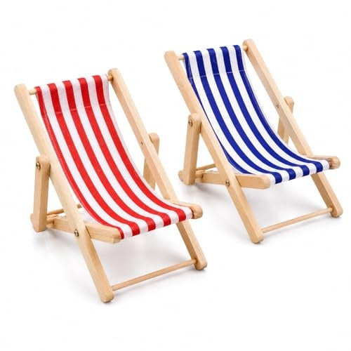 2 Stück Mini Liegestuhl Deko Klein,Mini Strandkorb Deko Für Mikrolandschaft | Farben Rot & Blau Für Kreative Gestaltung,Robuste Holzverarbeitung & Langlebig,Ideal Für Strand & Mikrolandschaft