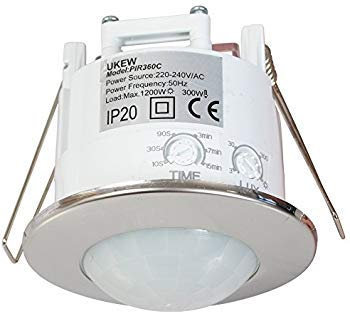360 Degree PIR Motion Sensor - 1200W Chrome Recessed Ceiling Mounted Occupancy Light Switch with Adjustable Timer & LUX Control - Presence Detector for Home Security