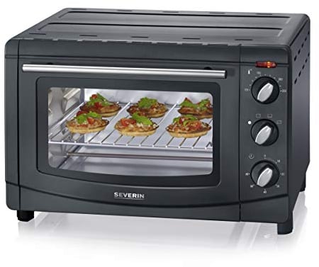 SEVERIN Mini-Four 20 L avec grille et plaque de cuisson incluses, Four posable 1 500 W design simple et élégant, Mini-four électrique avec minuteur 60 min, Noir, TO 2067