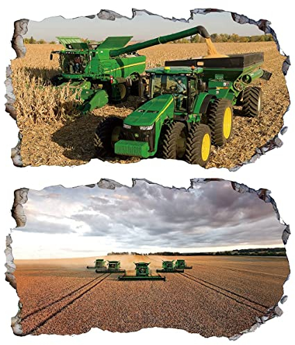 2Pcs Wandtattoo Mähdrescher Traktor Trecker 3D Effekt XXL Farm Feld Landwirtschaft Wandaufkleber Fenster Selbstklebend für Junge Kinderzimmer Groß 1000mmx600mm