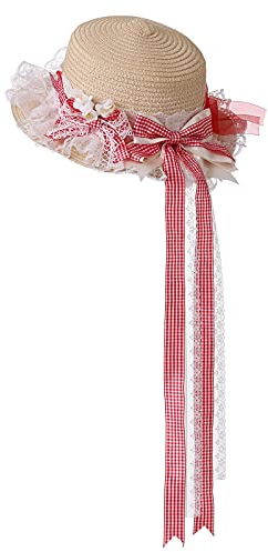 COSDREAMER Chapeau de Paille avec nœud en Dentelle pour Filles et Femmes (Rouge)