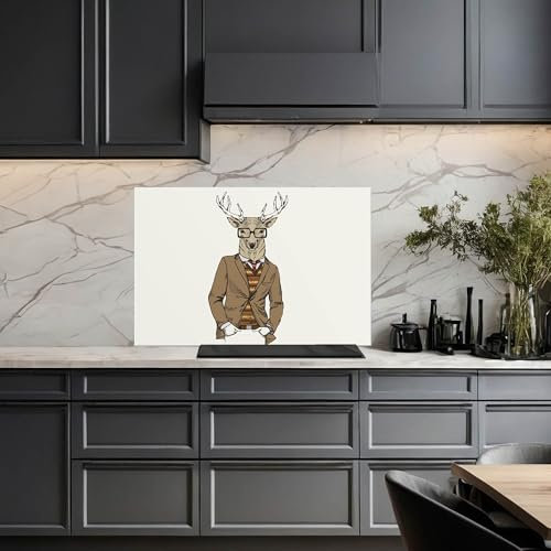 banjado Küchenrückwand Glas ohne Bohren 60x40cm – Glasrückwand Küche mit Motiv Doktor Hirsch/Spritzschutz Küchenrückwand Glas/selbstklebende Küchenrückwand Platte - magnetisch & beschreibbar