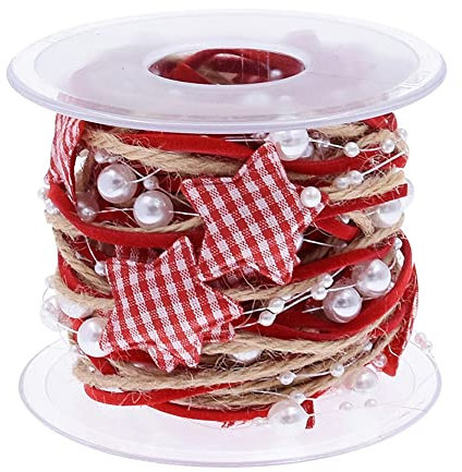5m Perlengirlande mit Stern Karoband,8+3mm Perlenband,Geschenkband,Schleifenband,Dekoband Hängedeko Tischdeko Dekokette für Hochzeit Weihnachten Valentinstag Taufe Geburtstags Geschenke,Rot Weiss