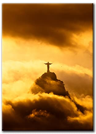 Leinwandbild Rio de Janeiro | 50x70 cm Hochformat | Bild auf Leinwand | Christus Statue Himmel Natur | Wandbild Deko Dekoration Home | modern elegant stilvoll | Wohnzimmer Schlafzimmer Büro XL gold