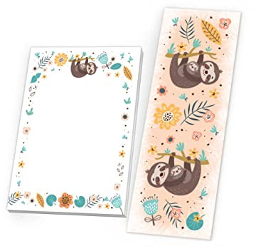 Junapack 12 Lesezeichen + 12 Mini-Notizblöcke (A7-Format) Faultier Mitgebsel für Kindergeburtstag Gastgeschenke für Mädchen Jungen