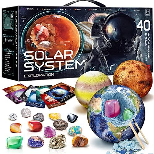 EDUMAN Kit de excavación de Piedras Preciosas: desentierra 40 Gemas y Cristales Reales con Herramientas de minería, Sistemas solares de Ocho Planetas para niños de 6 a 8 años, Juguetes educativos de