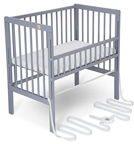 FabiMax Baby Beistellbett für Boxspringbett, TÜV geprüft 2022, Buche massiv grau, inkl. Matratze Classic