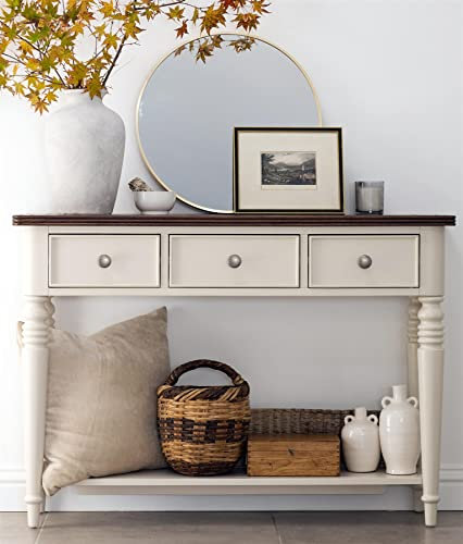 Statement Furniture Queensbury Console Table with 3 Drawers and Shelf | Wooden Hall Table with Lacquered Oak Top | W115cm H81 D33cm | Cotswold Cream Slimline Console Table