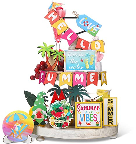 Pinkunn 19 Pcs Hawaii Summer Tiered Tray Decor Beach Tiered Tray Decor Kitchen Sign Rustic Wooden Sunshine Summer Decorations for Home Farmhouse Table Holiday Decorative Trays(Coconut Tree Parasol)