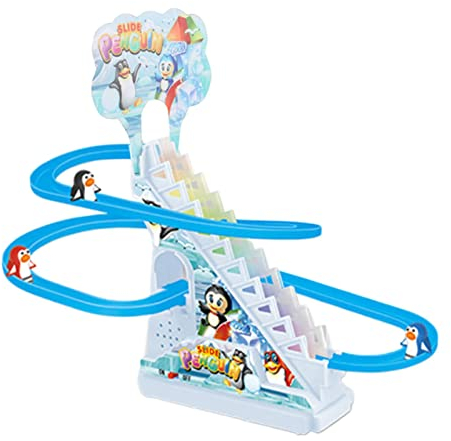 Fenteer Pinguin-Rennbahn-Spiel mit Lichtern, Kleiner Pinguin, Rutsche, Spielset, Rennbahn-Spielset für Jungen, Kinder, Mädchen, Kleinkinder, 3 Pinguin
