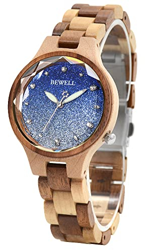 BEWELL Holz Uhren für Frauen Gypsophila Start Dust Dail Bunte Minimalistische Quarz Uhrwerk Luxus Holz Armbanduhr