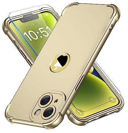 ORETECH Silicone Case for iPhone 14 Plus Case, with [2 x Tempered Glass Screen Protector] [Camera Protection] [Military Grade Protective] 360 Shockproof Thin Slim Fit Rubber Bumper Cover - Gold