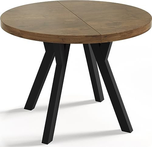 WFL GROUP Designer Runder Ausziehbarer Esstisch - Loft-Stil, Industriell, Platzsparend - Schwarze Beine - 100 bis 150 cm - für 5-8 Personen - Hergestellt in EU - Lefkas Eiche - 150 cm