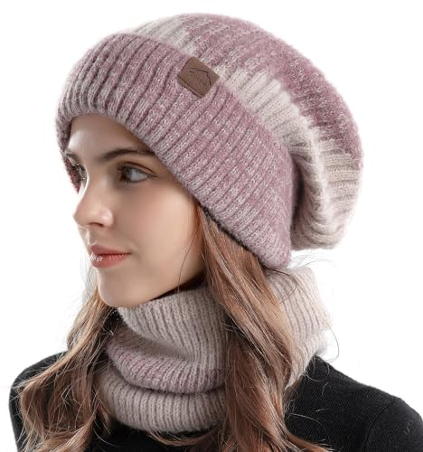 WANYIG 2 in 1 Damen Wintermütze Schalmütze Warme Mütze Schal Set Outdoor Beanie Hut Neck Warmer Kopfbedeckung mit Weichem Innenfutter Gefütterte(Rosa)