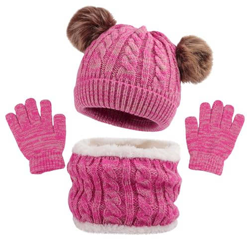 MASOCIO Kinder Schal Mütze Handschuhe Mädchen Wintermütze Winter Herbst Warme Babymütze 3 4 5 Kindermützen mit Bommel Baby Kleinkind Strickmütze Fleece Beanie Hat 2-6 Jahr Rosa