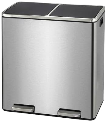 Poubelle 60 L (2 x 30 litres), Système de Tri Sélectif de Cuisine - Poubelle à Pédale en Métal à Fermeture Douce avec Couvercle Hermétique pour Cuisine (Argent)