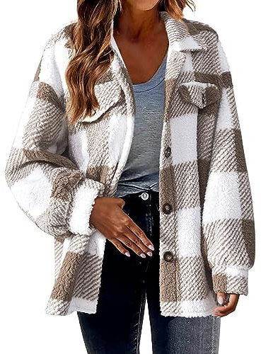 Manteau d'hiver à carreaux pour femme - Veste chaude en peluche - Manches longues - Décontracté - Chaud - Manteau d'extérieur, kaki, M