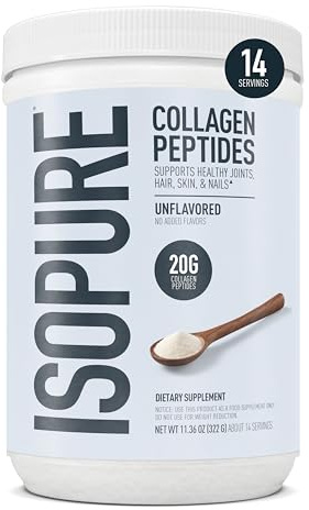 Isopure 20g Grass-Fed Collagen Peptides with Biotin + Vitamin C – Supports Skin, Hair, Nails & Joint Health – Unflavored, Keto Friendly Collagen Powder, 14 Servings