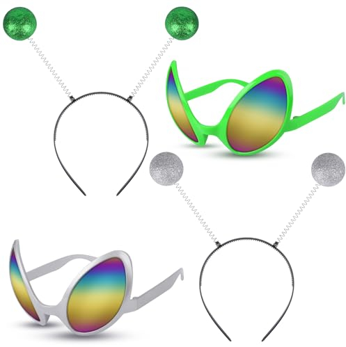 RNHDLY 2 Paare Alien Haarreif und Alien Brille, Haarreif Alien Silber und Grün Alien Brille, Alien Stirnband Headband Alien Kostüm Zubehör für Kostüm Party Alien Außerirdische Space Karneval
