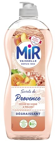 Mir Vaisselle - Secrets de Provence - Pêche de Vigne & Melon - Expérience Complète et Unique -Pouvoir Dégraissant -Sans Conservateurs - Sans Allergènes Parfum - Respect de la Peau - Bouteille de 675ml