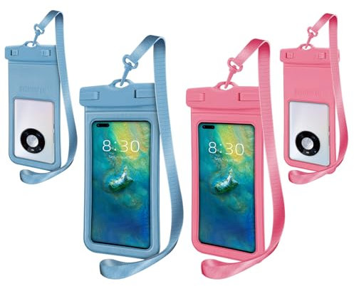 Confezione da 2 custodia rigida impermeabile per smartphone, borsa per telefono impermeabile universale, Custodia Impermeabile Smartphone, per telefoni sotto i 7,2 pollici (blu + rosa)