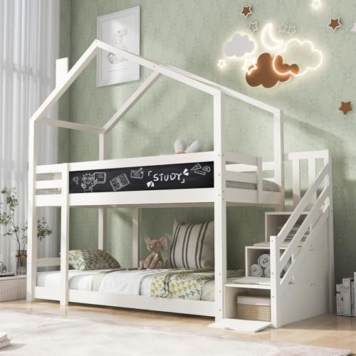 Skcess Kinderbett Baumhaus Mit Schornstein &Speicherung Und Rausfallschutz 90 X 200 cm, Hochbett Für Kinder Inkl.Tafel– 2X Lattenrost- Weiß(Ohne Matratze)