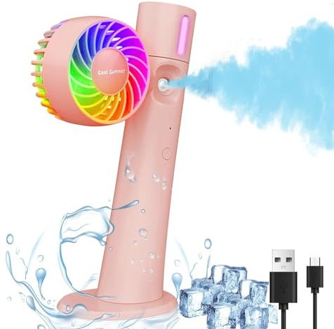 Gofemial Ventilador Portátil USB con 3 Velocidades, 3 en 1 Pulverizador de Agua, 34ml, Silencioso, RGB, Recargable, Batería