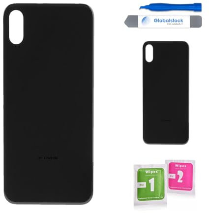 Globalstock Vitre arrière de Cache Batterie Remplacement - Coque Cache Batterie Compatible pour iphone Noir/Blanc/Or/Bleu/Rouge + adhésif et Kit Outils (Noir, X)