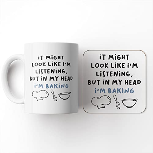 The Victorian Printing Co - in My Head I'm Baking - Funny Birthday Gift Mug and Coaster Set, Ceramic, 11 fl. oz.