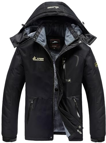 WILLONG Mens Waterproof Fleece Jackets Winter Coats Warm Mountain Jackets with Hood for Outdoor Hiking Walking Skiing Working Camping Fishing Black UK Large