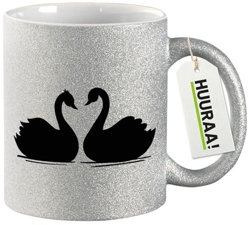 Huuraa Glitzertasse Schwan Pärchen Geschenk | Motivtasse 330ml Glitzer Tasse mit Spruch Silber Keramik Kaffeebecher Geschenkidee Silver Glitter Becher mit Motiv