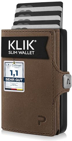 PURISTO KLIK Minimal Slim Wallet mit Münzfach - Mini Kartenetui und Geldbeutel für Herren aus veganem Leder - Kleines Portemonnaie mit RFID Schutz für 6-8 Karten - Braun Vintage