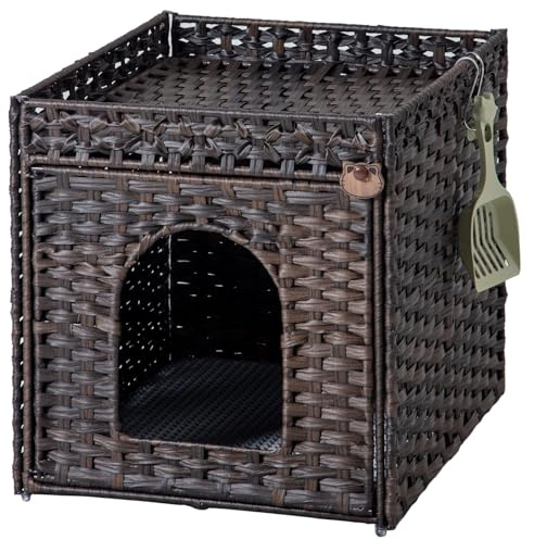 SETVSON Katzentoilette Gehege PE Rattan Verstecktes Kitty Haus Braun | Kitty-Haus aus PE-Rattan, mit Matte und Zaun, 2 S-Haken, Metallrahmen, 47 x 50 x 48 cm, versteckter Katzenklo
