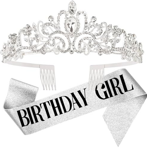 DRESHOW Geburtstag Krone und Schärpe für Damen Geburtstag Mädchen Schärpe & Strass Tiara Set Geburtstag Dekorationen Haarschmuck Glitter Schärpe für Party